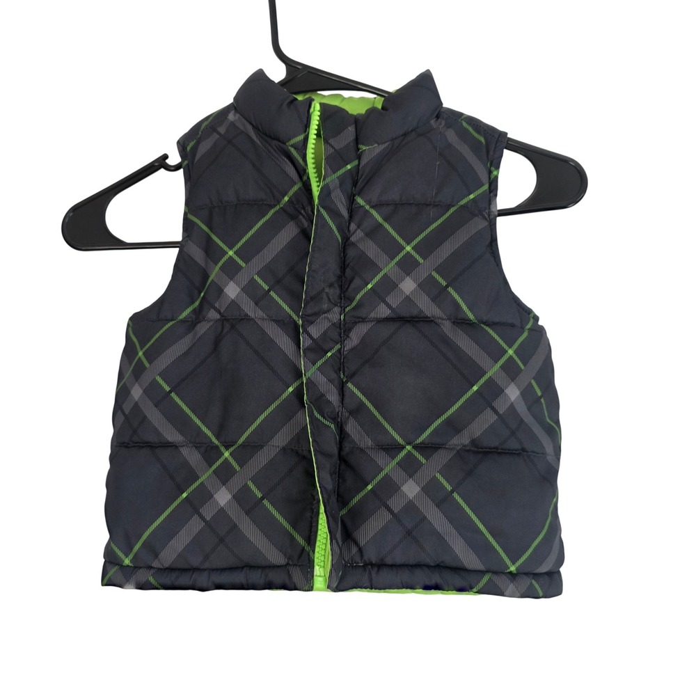 Boys Puffer‎ Vest Plaid Charcoal Neon Green zip Front Sleeveless Outerwear